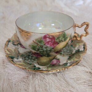 Royal Sealy Vintage Iridescent Tea Cup & Saucer Fruit Footed Gold Trim
